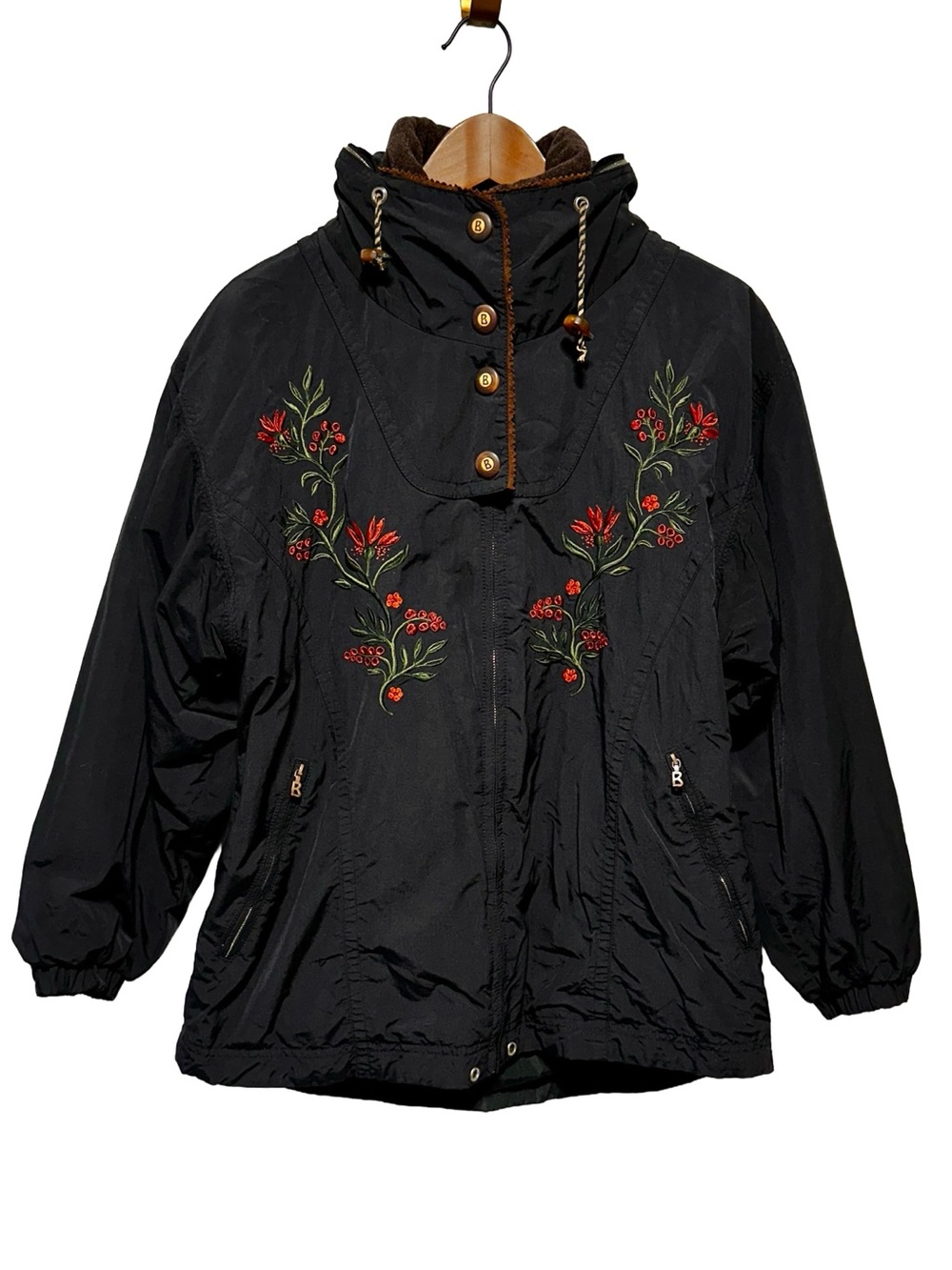 Bogner Embroidered Floral Nylon Jacket Black Fleece Lined Vintage USA 10
